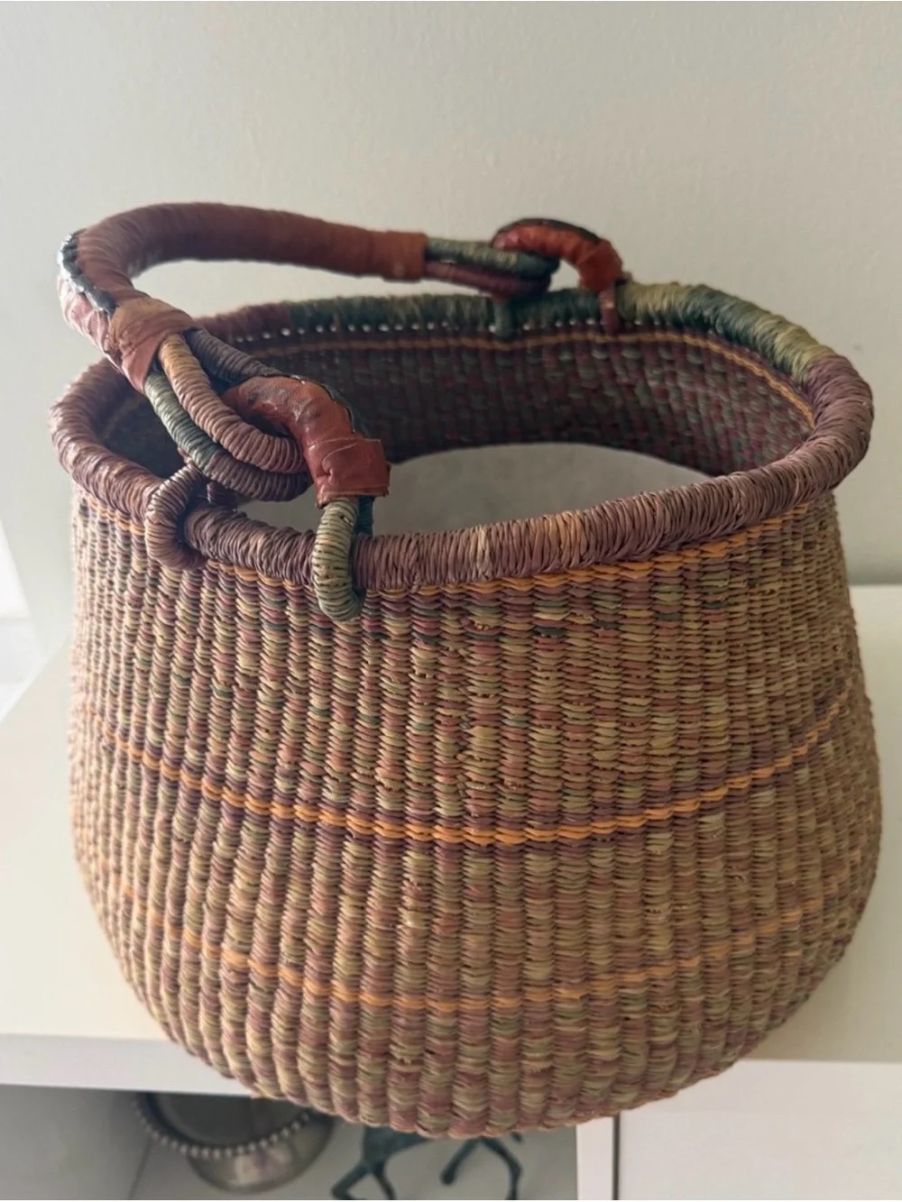 Handwoven Bolga Storage Basket in Brown and Green with Wrapped Handles
